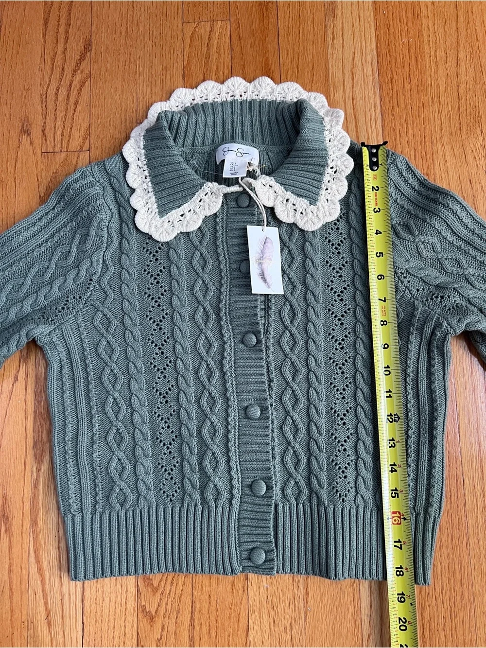 Sage Green Cable Knit Cardigan with Cream Crochet Lace Collar NWT - Picture 3 of 4